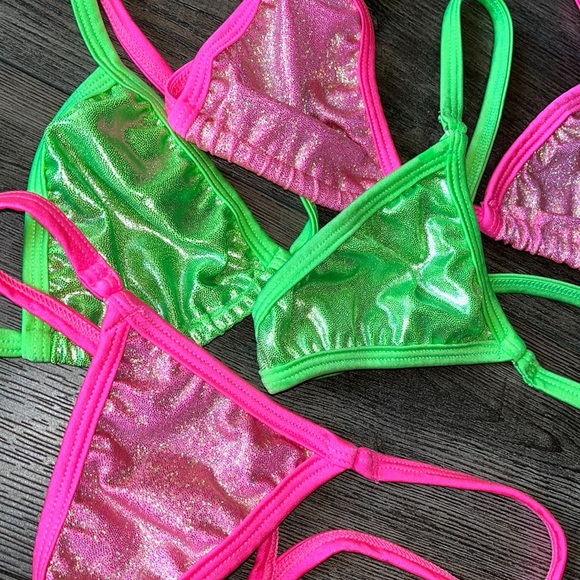 Lot of 2 pink green metallic pearl bikinis stripper new bikini one size dancer - Picture 2 of 4